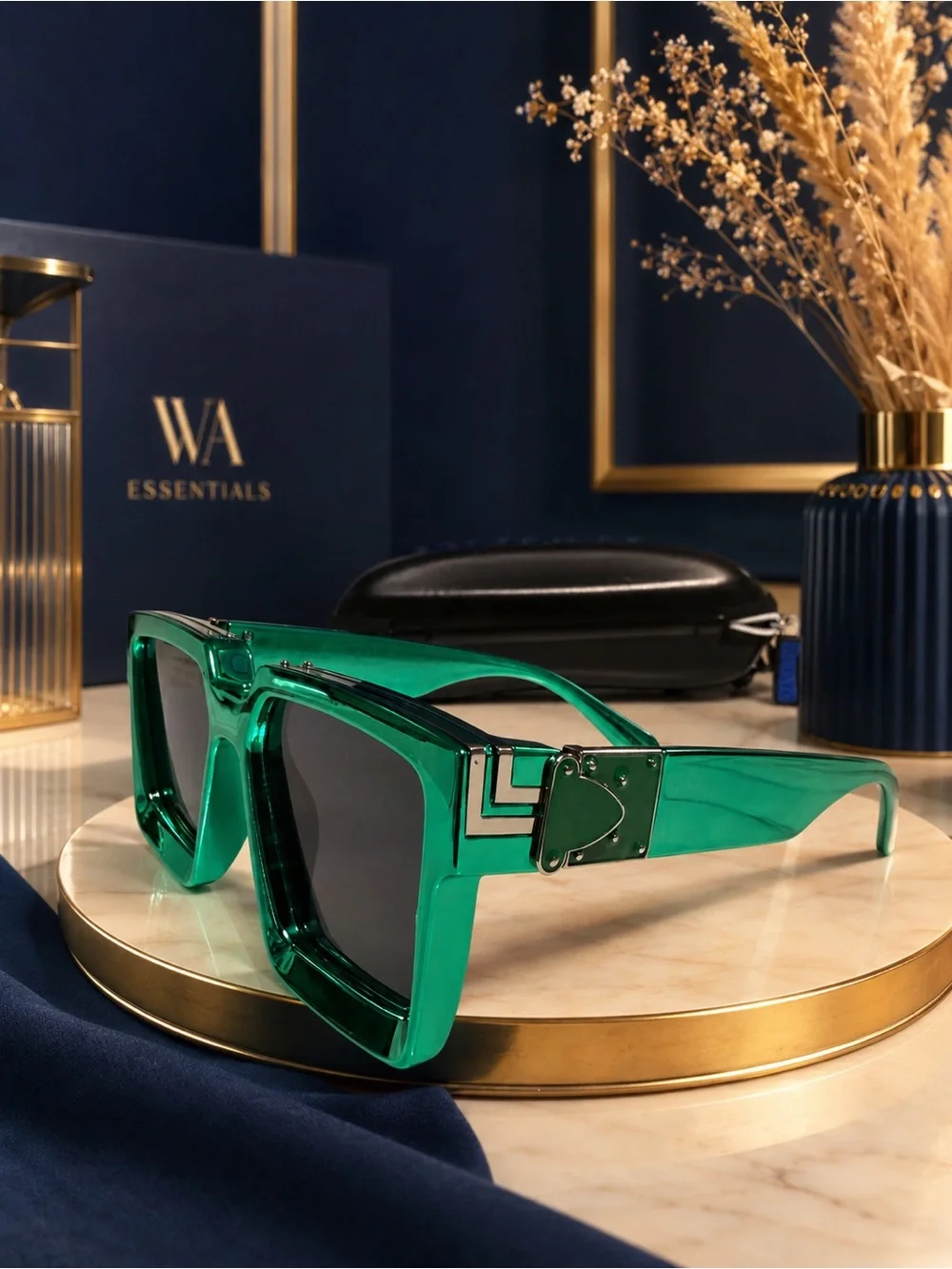 Unisex Emerald Green Square Sunglasses with Gold-Tone Detail